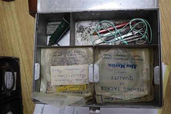 Three fishing rods and a box of flies etc